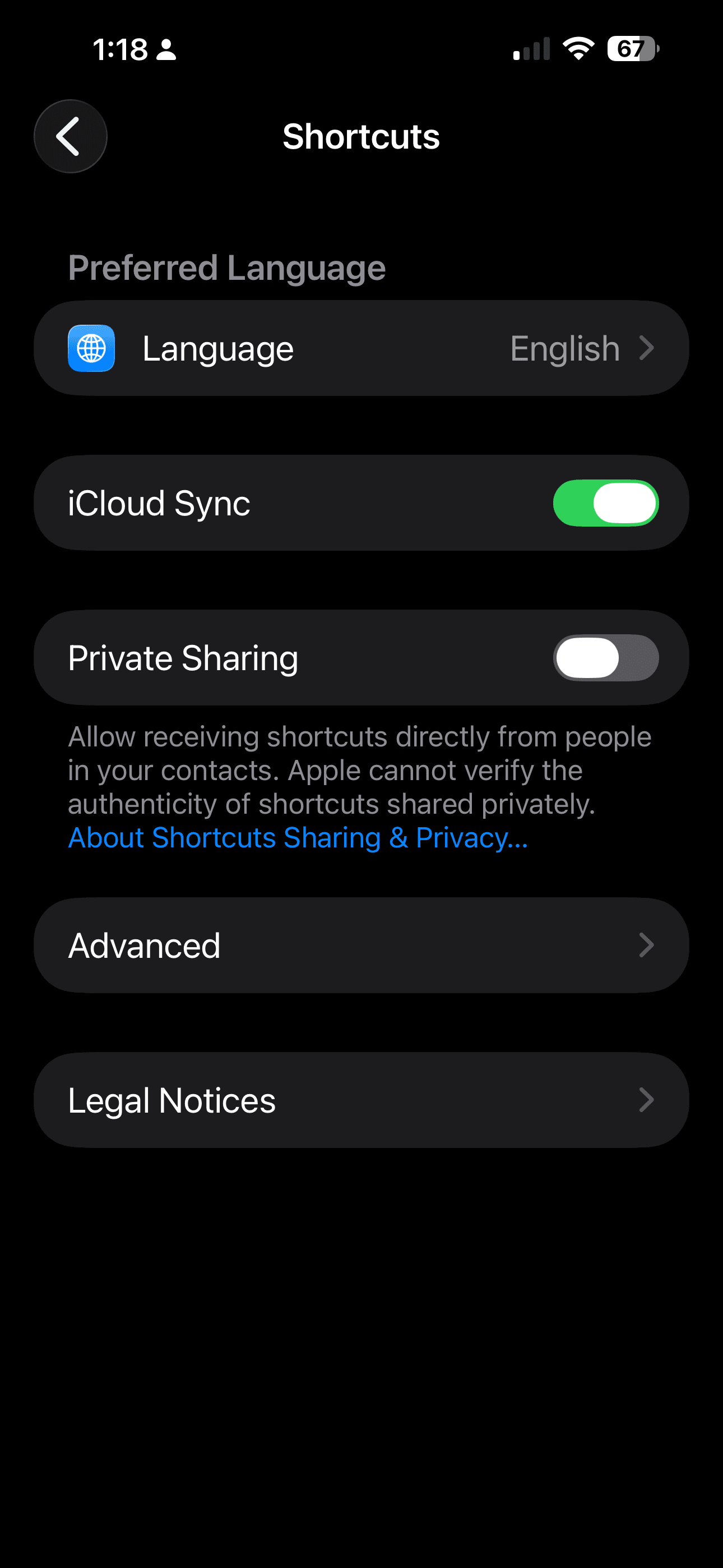 iOS Settings, Shortcuts page