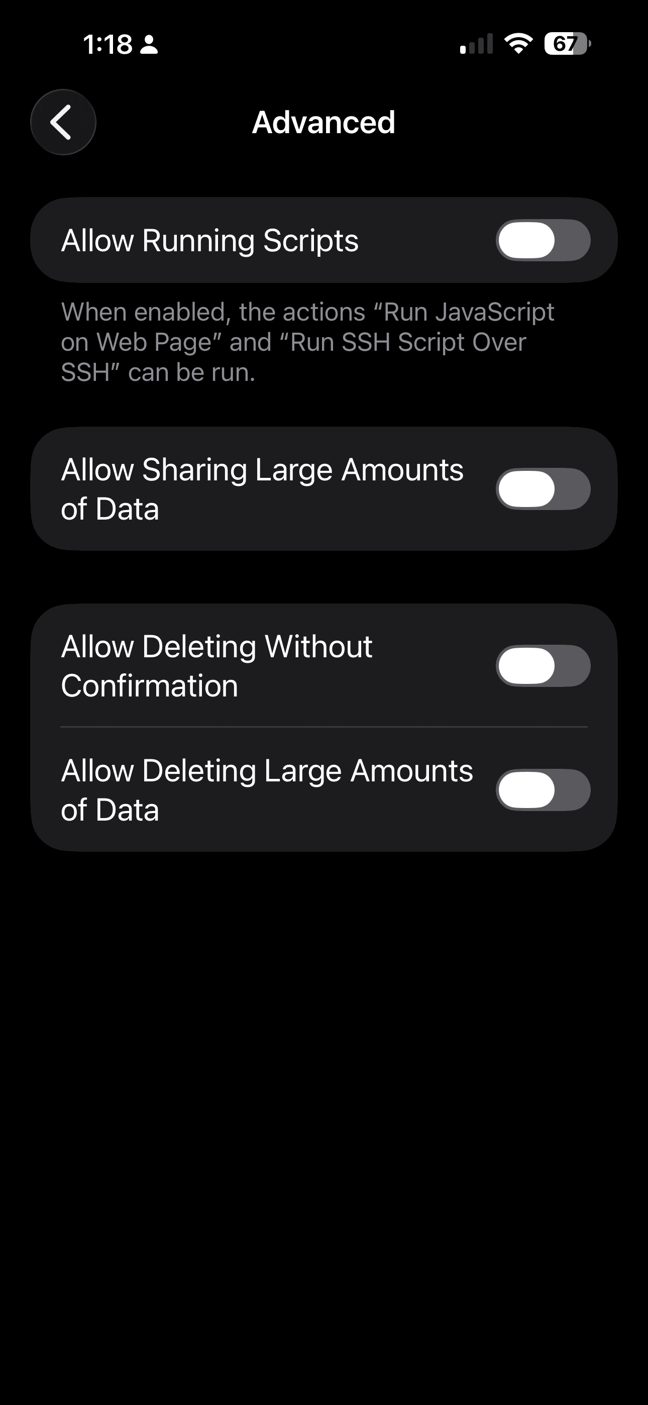 Advanced screen with Allow Sharing Large Amounts of Data toggled off