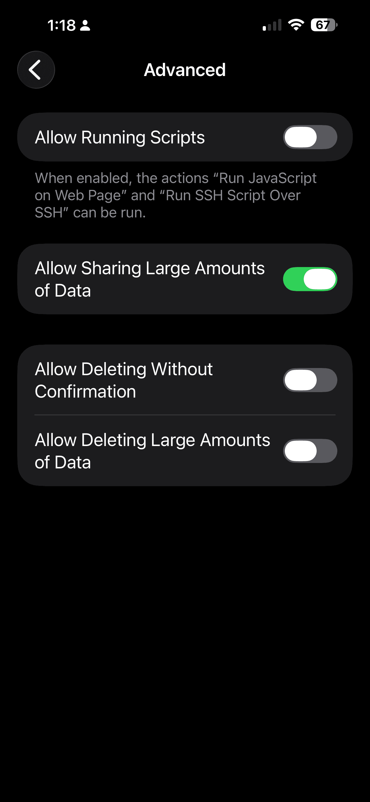 Advanced screen with Allow Sharing Large Amounts of Data toggled on